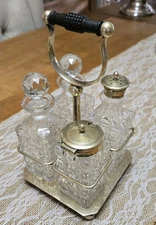Antique EPNS Silver Plate Cut Glass Condiment Caddy Cruet Set England **READ**