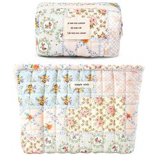Floral Makeup Bag Set, Cute Travel Quilted Pouch Cosmetic Organizer for Women