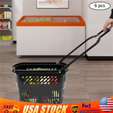 6pcs 35L Retail Cart Wheels W/ Handle Rolling Shopping Basket Trolley Black