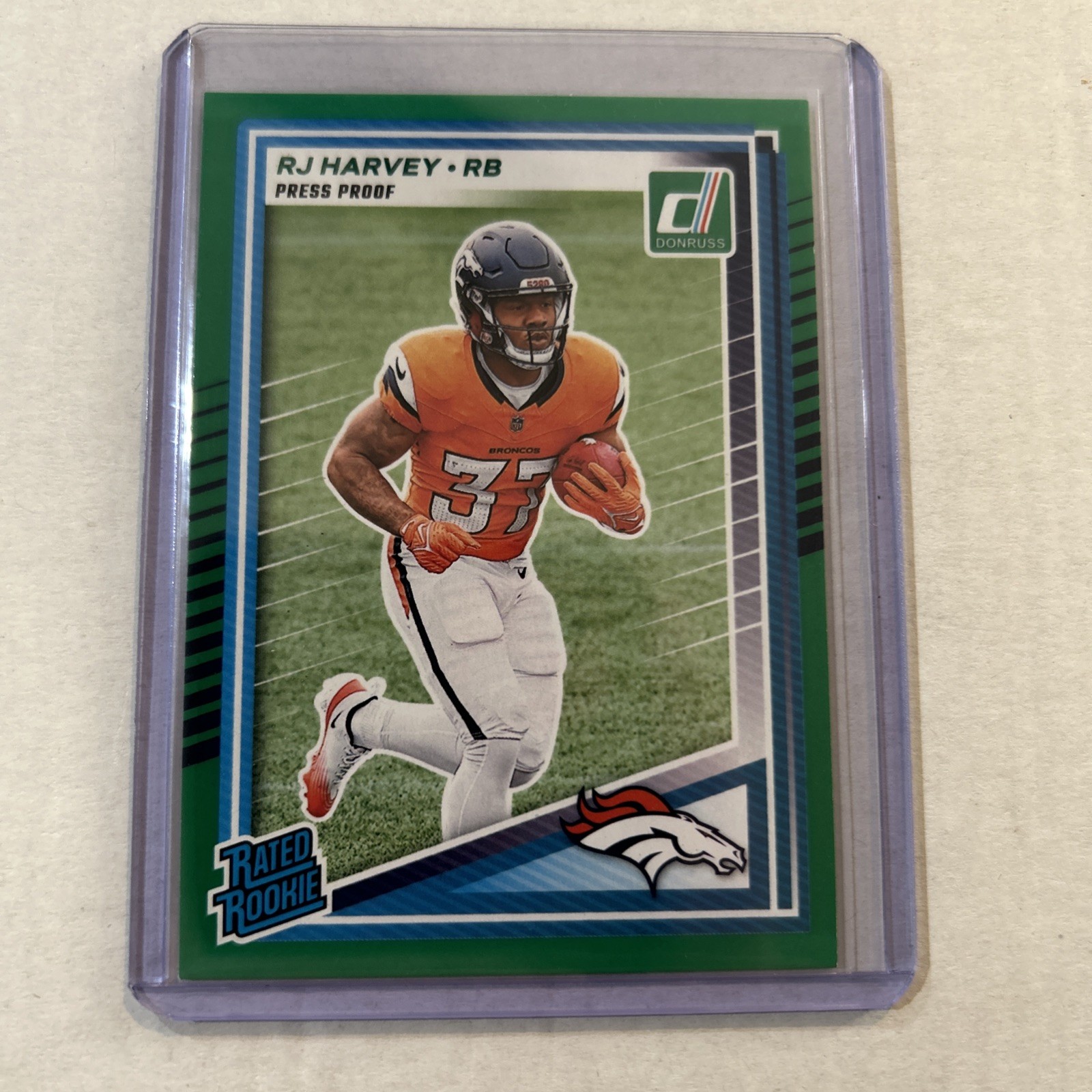 2025 Panini Donruss - Rated Rookie RJ Harvey #312 Press Proof Green (RC)