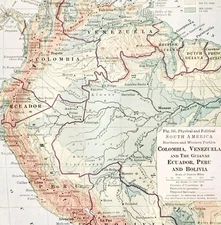 1916 Map South America Political Physical Colombia Venezuela Peru Bolivia DWSS8