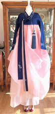 Women s Korean Traditional Dress Hanbok Set-Navy Jacket Pink Skirt / Petticoat