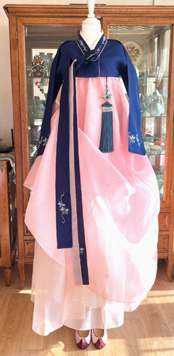 Women’s Korean Traditional Dress Hanbok Set-Navy Jacket & Pink Skirt / Petticoat