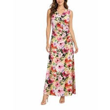 Kate and Mallory Maxi Dress XL Ruched Floral Surplice Stretch Pink Green Resort