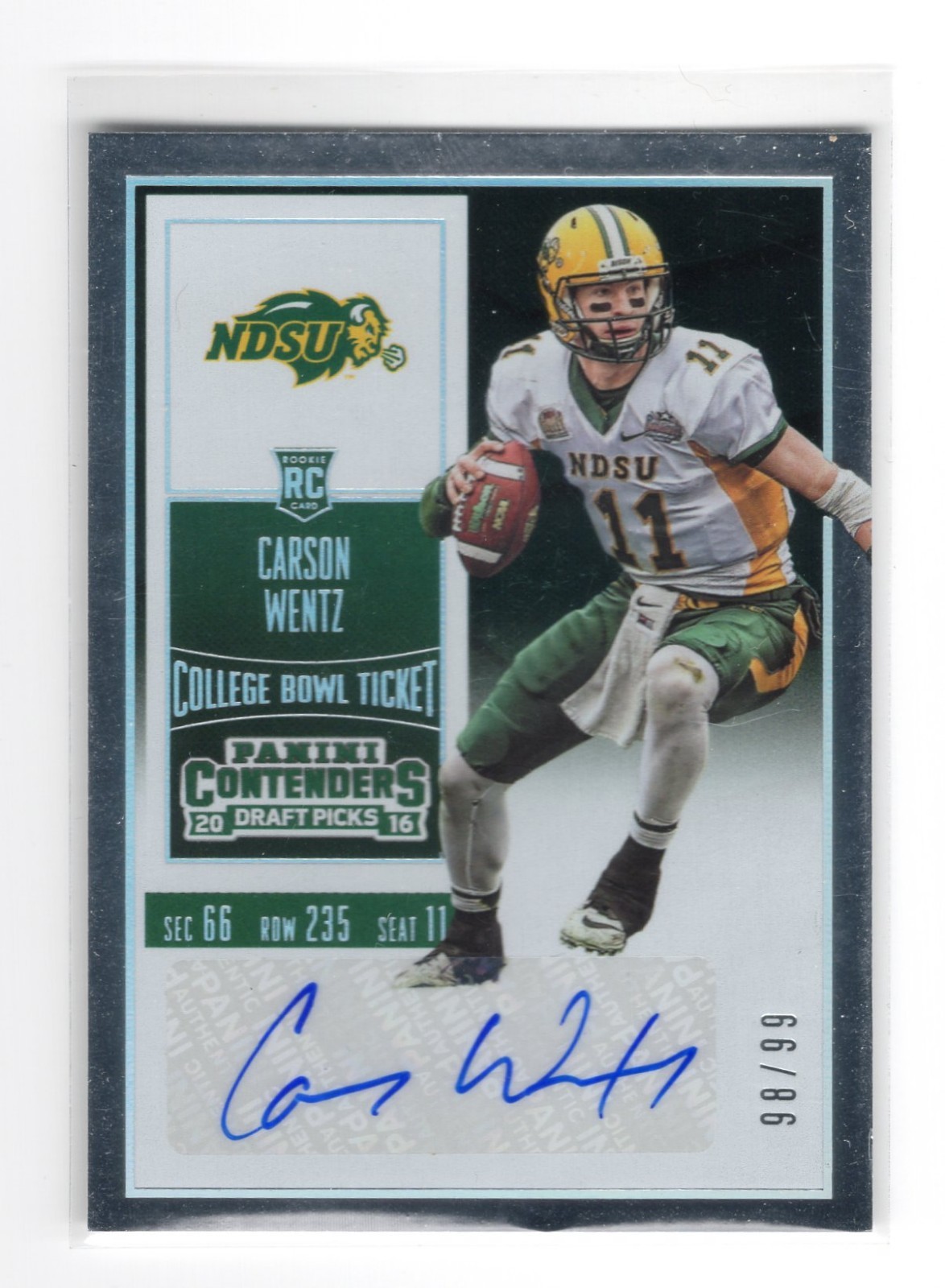 2016 Panini Contenders Draft Bowl Ticket Carson Wentz College Rookie Auto RC /99