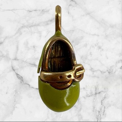 Aaron Basha  AB 10K Gold Baby Schuh Charm grüne Emaille Schnalle ~1,8g Vintage Penda