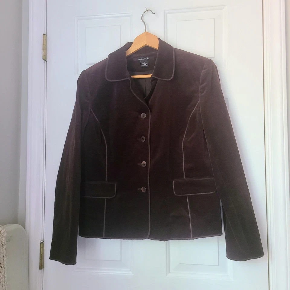 Jaqueta Blazer Veludo Veludo Madison Studio Vintage Tamanho G 14 Marrom Escuro Y2K Clássica - Imagem 2 de 4