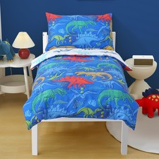 Blue Colorful Dinosaurs Toddler Bedding Set for Boys, 4 Piece Reversible Cute...