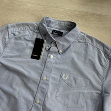 BNWT Fred Perry Oxford Check Shirt Short Sleeve Light Smoke Blue Extra Large