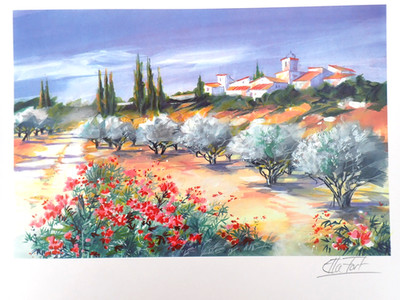Ella Fort ''Landschaft mit Olivenbäumen'' 30x40 Signiert Frankreich Blume Provence