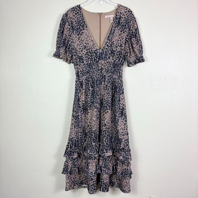 Anthropologie Hutch V Neck Short Sleeve Animal Print Adelia Ruffled Midi Dress