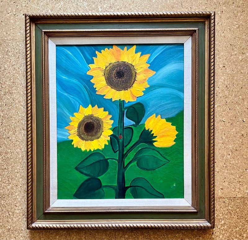 Large Stylized SUNFLOWERS Original Framed Painting on Canvas Signed Rosie Nogard