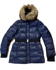 S13 Nyc Down Filled Puffer Coat With Fur Hood In Glossy Blue Women's Large