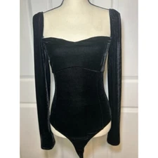 Elodie Black Shimmer Velvet Square Neck Bodysuit Size Medium Stretchy