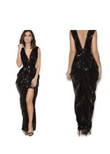 HOUSE OF CB Narice Black Sequin Dress Womens XS High Low V Neck Plunge Sexy