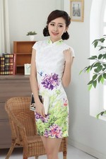 Jolie Mini Robe Chinoise Qi-Pao Blanc en Coton Tissé ImpriméTailles au choix