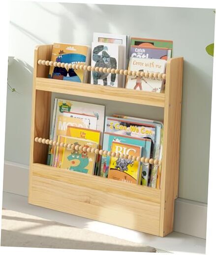 22.8 Inch Kids Bookshelf, Natural Wood Nursery Book Shelf Wall Mount Organizer