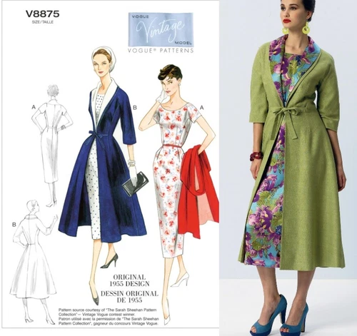 Vintage 1950's Vogue V8875 Ladies Retro Long Coat & Sheath Dress Pattern Sz 8~24