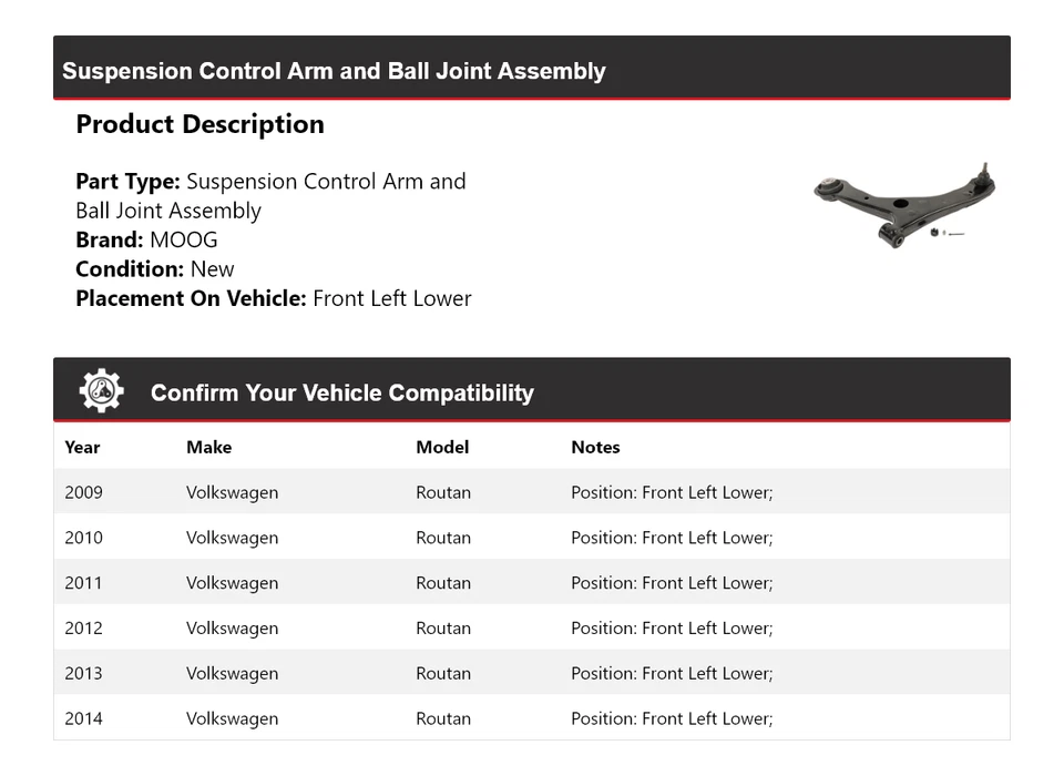 Рычаг управления передний левый нижний для Volkswagen Routan 2009-2014 годов выпуска MOOG 2009 2010 2011 годов выпуска - Изображение 2 из 4