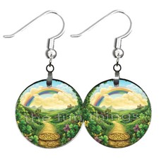 Rainbow Pot of Gold St Patrick's Day Earrings NO TARNISH Wood Dangle