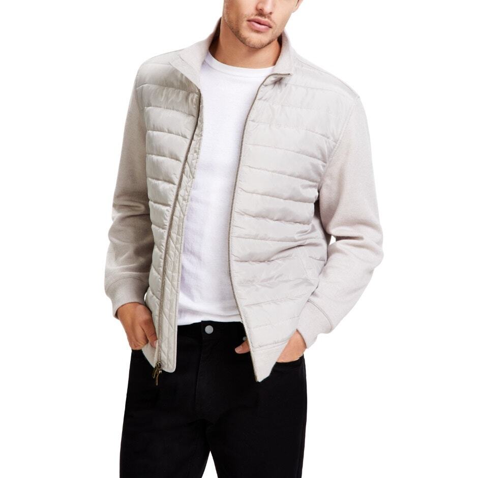 Alfani Men's Grey Mixed-Media Quilted Knit Casual Full-Zip Bomber Jacket Size S