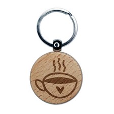 Fun Cup of Tea Coffee with Heart Engraved Wood Round Keychain Tag Charm