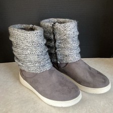 Cat Jack Girls Boots Sz 4 Gray Suede Faux Fur Lining Slouch Side Zip Winter