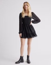 Quince Chiffon Smocked Mini Dress In Black Long Sleeve Goth Women’s Size XS