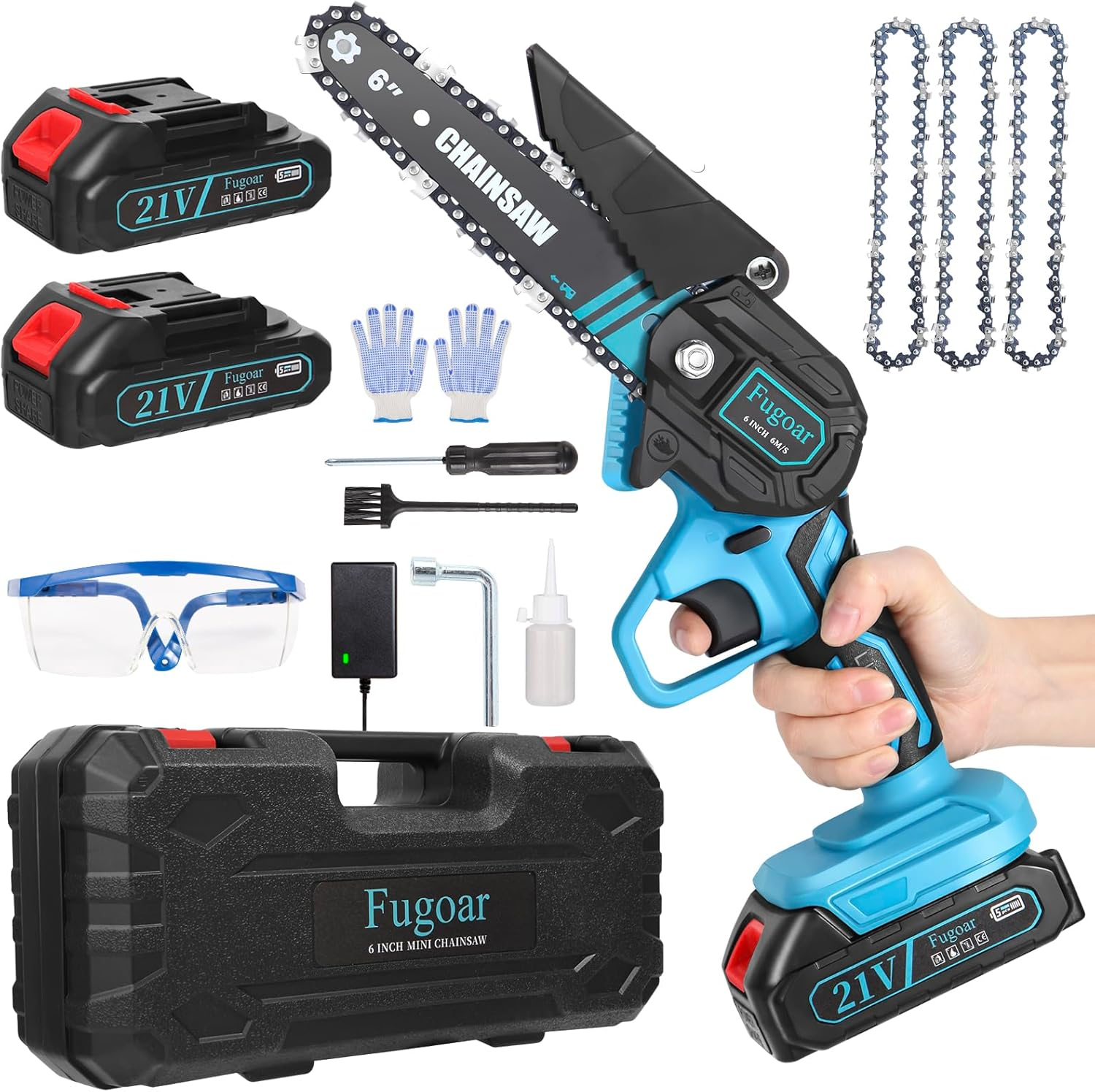 Mini Cordless 6-Inch Chainsaw with 2 Batteries and 3 Chains for Portable Cutting