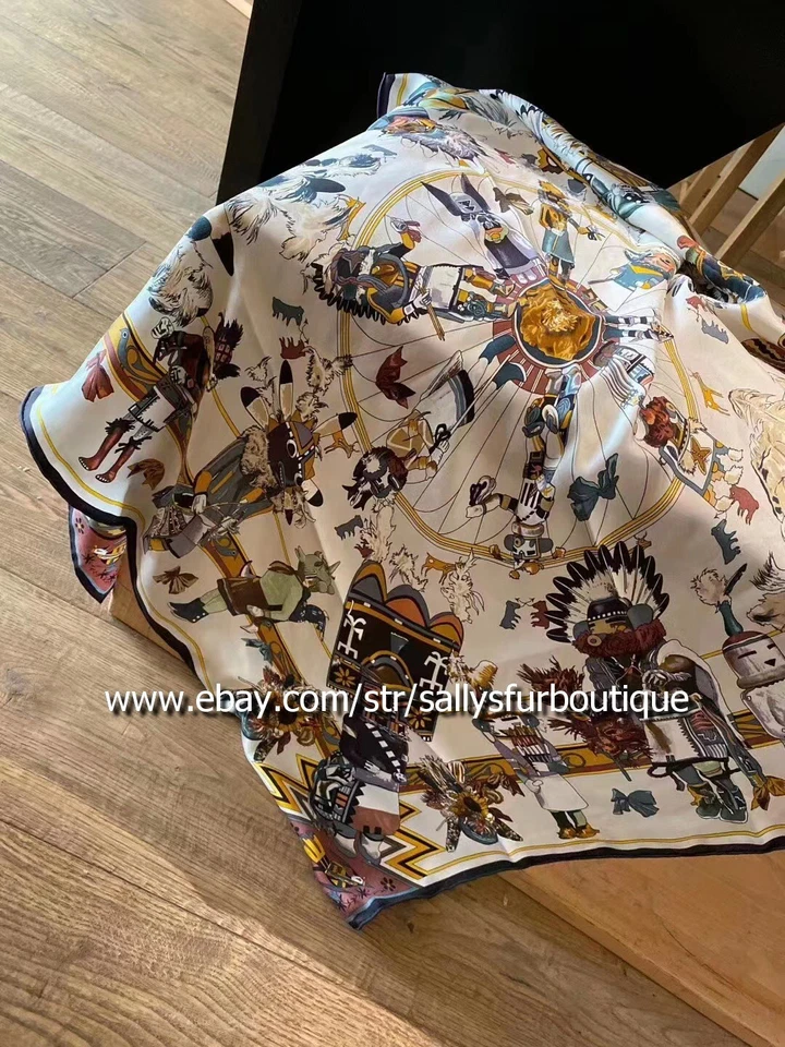 Sallys Twill Silk ~18 Momme~ Wrap Scarf Aztec Print Double Face Square Shawl 35" - Image 4 of 4