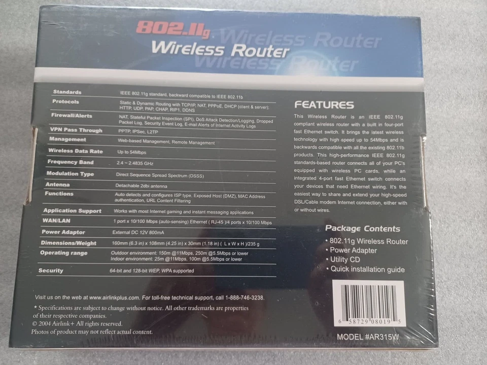 AirLink+ AR315W Networking Router 802.11g 802.11 b 54mbps Built-In 4 port Switch - Image 3 of 4