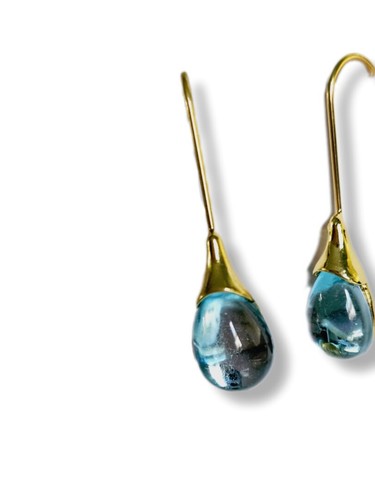 Solid Blue Glass Drop HandMade Earrings Australian Unique Gold Water - Picture 4 of 16