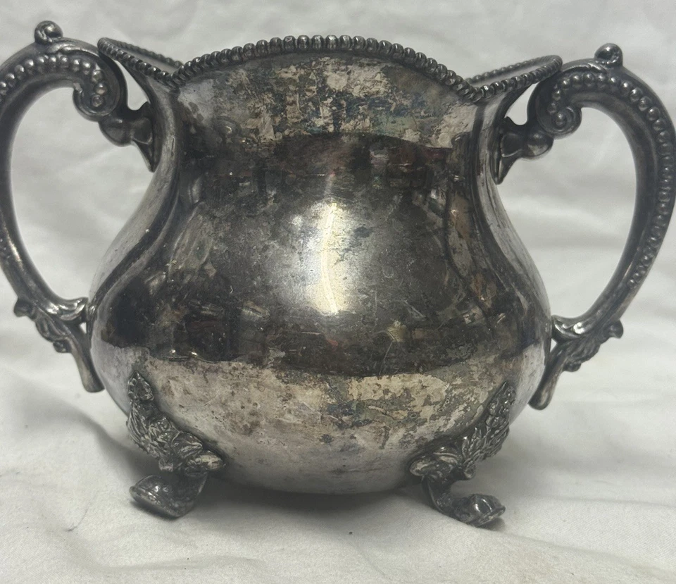 Azucarero Barbour Silver Co Cuádruple Plateado 4 Pies #1020 Borde con Cuentas Foto 3 de 4