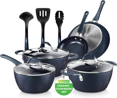11 Pc Blue Diamond Nonstick Cookware Set with Utensils & Lids