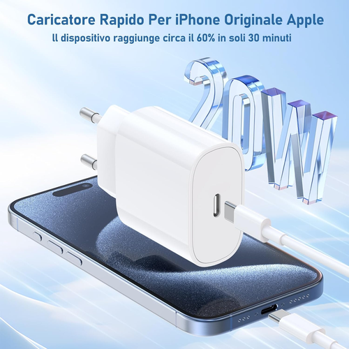Caricatore per Iphone 15/16, 20W Caricabatteria Rapido Con 1M+2M Cavo per Iphone - Foto 2 di 12