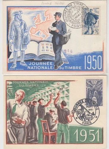 FRANCE 1950/51 *STAMP DAY* official illust maxi cards with POINTE NOIRE & PARIS
