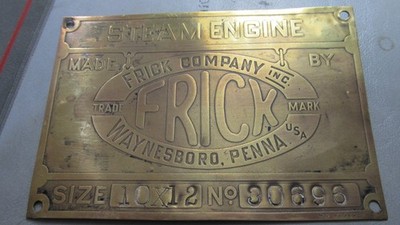 Nameplate for Vintage Steam Engine, Frick Company, Waynesboro, PA - Brass