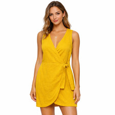 Madewell Dress Womens XS Yellow Sleeveless Wrap Tie Waist Textured Mini Summer