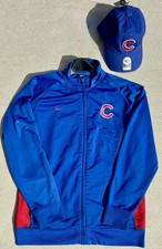 Chicago Cubs Jacket XL Blue Full Zip Nike Logo Swoosh Dri-Fit W/ XL 47 Brand Hat