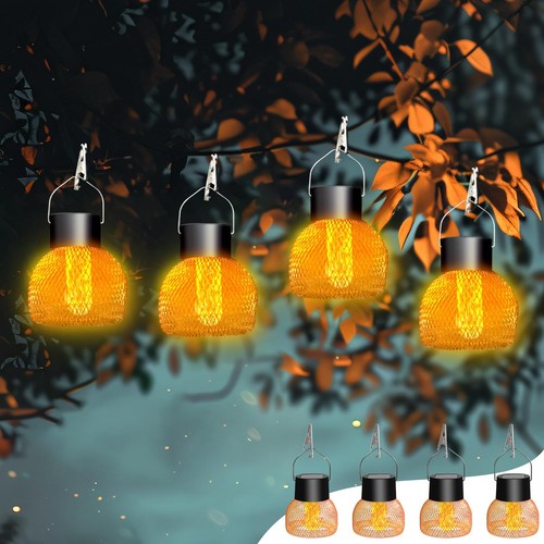 4 Pack Solar Lanterns Outdoor Lights, Flickering Flame, Hanging Solar Lamps