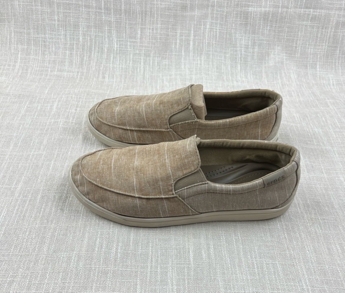Men's Beige Tan Canvas Slip-On Loafers Size 9 Comfort Casual Dual Crocs-image