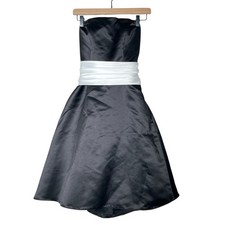 Bill Levkoff Black Satin Strapless Midi Dress with White Sash size 6 B95