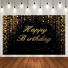 5x3ft Black And Gold Happy Birthday Banner Backdrop Decorations Golden Sparkl...