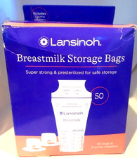Lansinoh Breastmilk Flat Freezer Storage Bags 50 Bags  2 Pump Adapters