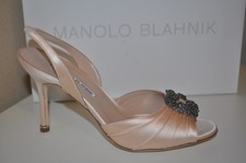 NIB MANOLO BLAHNIK CASSIA Open Toe Slingback Pump Shoe Blush Satin EUR 39.5