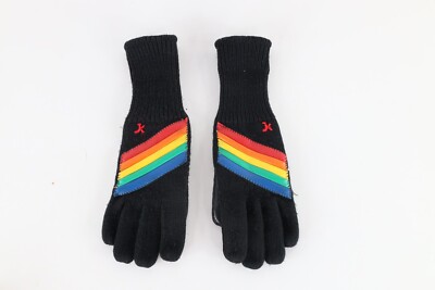 Vintage 70s Streetwear Rainbow Striped Leather Trim Knit Winter Gloves Womens