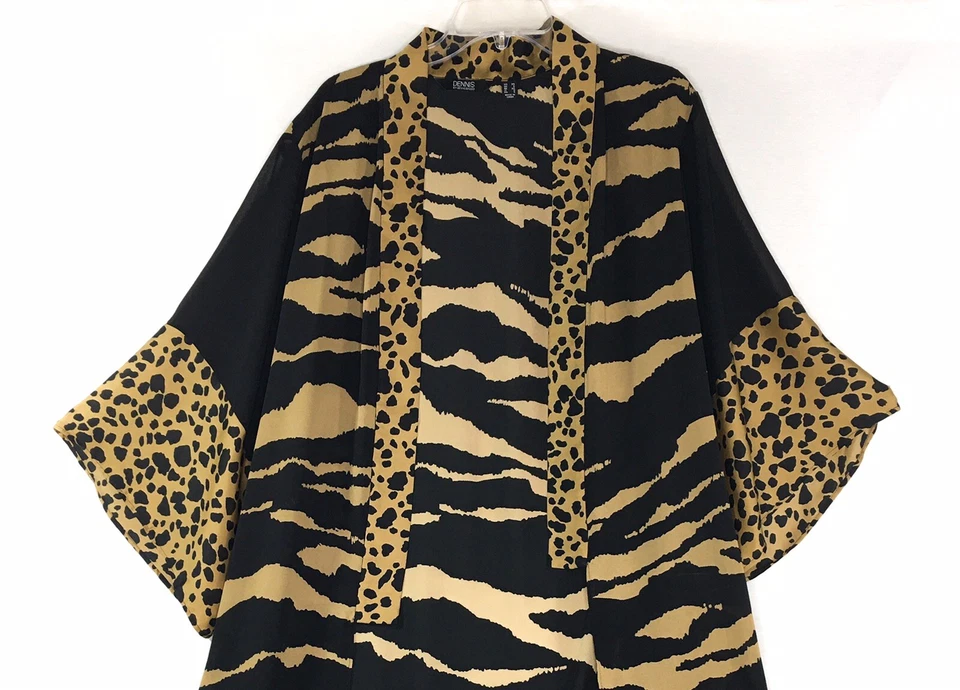 Dennis Basso垂褶和服长袍棕色黑色豹纹斑马印花女式 XS — 第 2/4 张图片