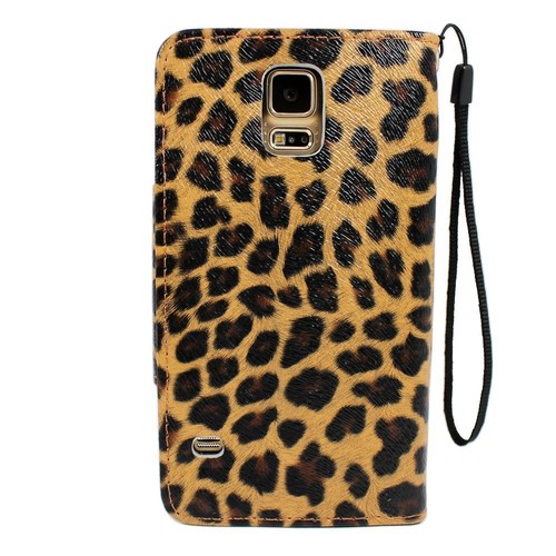 NEW ELEGANI Vegan PU Leather Case Stand with Strap for Samsung Galaxy S5 Leopard - Picture 3 of 4