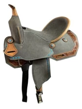 15" Double T Gray Suede Barrel Style Horse Saddle With Teal Buckstitching