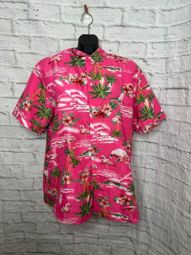 SSLR Shirt Men's L Pink Flamingo Hawaiian Button Up Short Sleeves Relax Resort